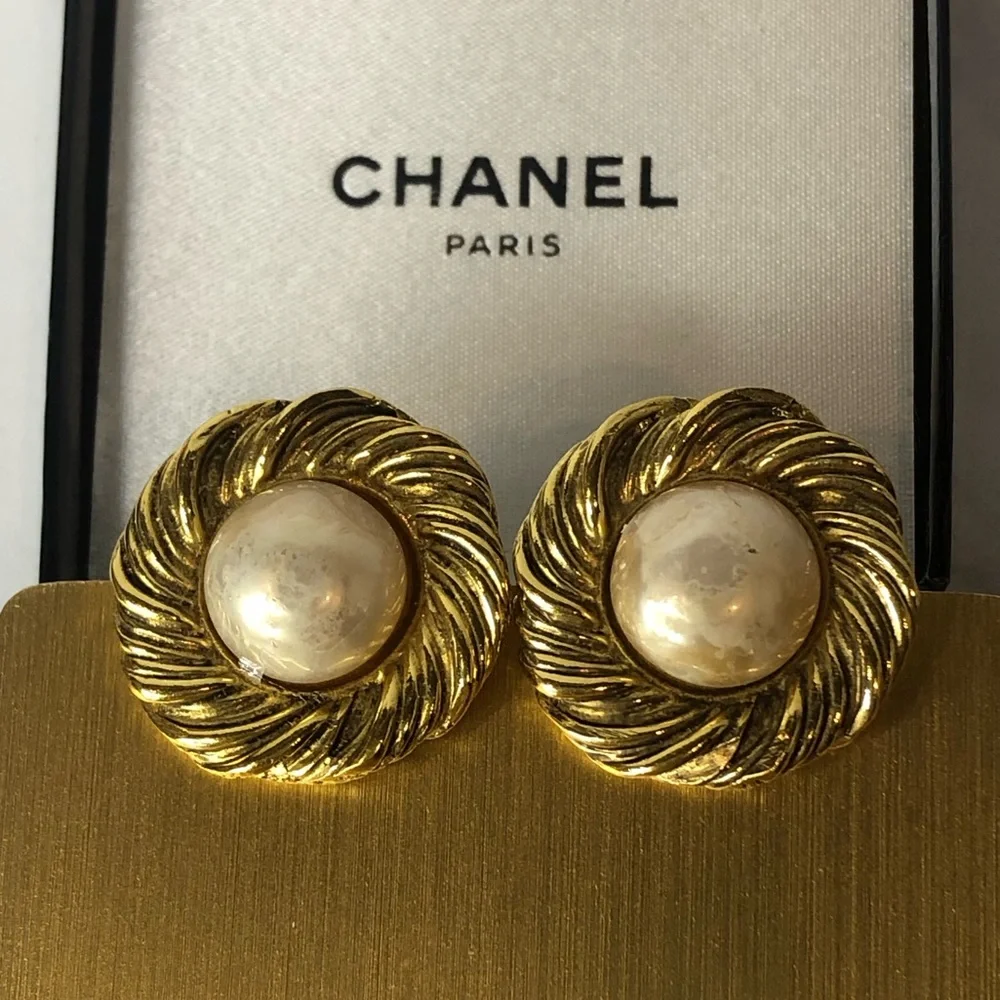 CHANEL 24k Gold Plated and Faux Pearl Earrings w/ BOX